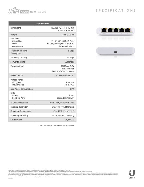 UniFi Switch Flex Mini 5 poorten geen PoE