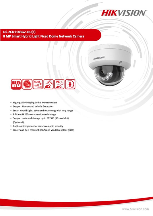 Hikvision DS-2CD1183G2-LIU Dome Camera 8Mp Slimme Hybride Verlichting