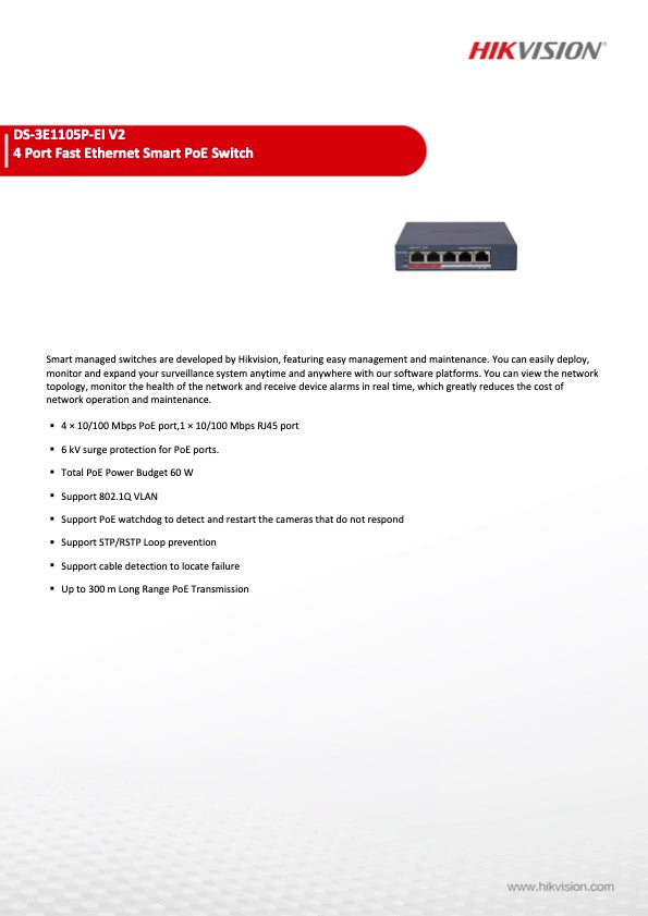 Hikvision DS-3E1105P-EIV2 Smart Switch 4 poorten LAN PoE 100Mbps