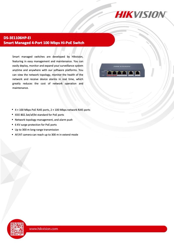 Hikvision DS-3E1106HP-EI Smart Switch 4 poorten LAN PoE 100Mbps