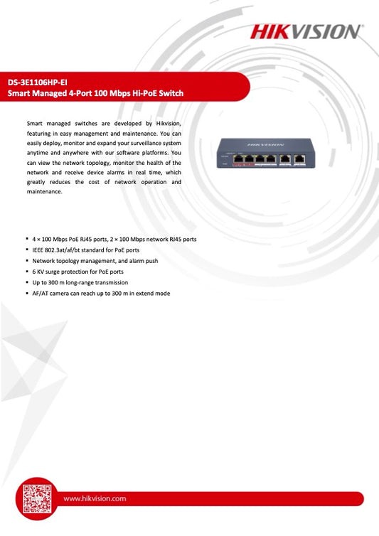 Hikvision DS-3E1106HP-EI Smart Switch 4 poorten LAN PoE 100Mbps