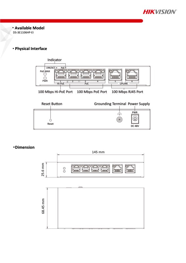 Hikvision DS-3E1106HP-EI Smart Switch 4 poorten LAN PoE 100Mbps