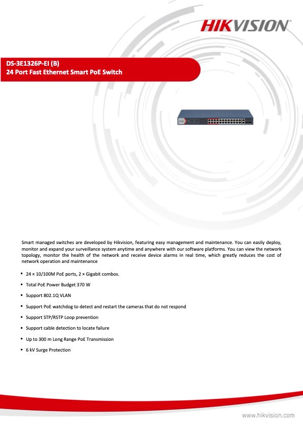 Hikvision DS-3E1326P-EI(B) Smart Switch 24 poorten LAN PoE 100Mbps