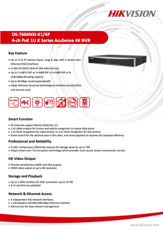 Hikvision NVR DS-7604 4P PoE Poorten zonder Harde schijf