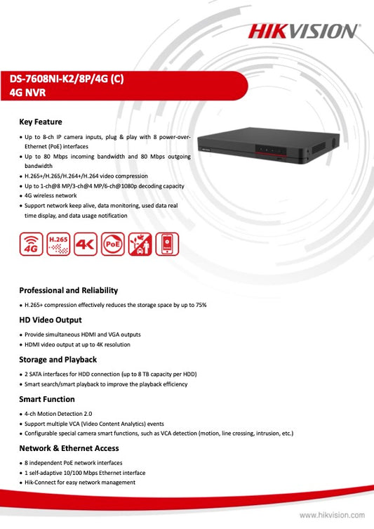 Hikvision NVR DS-7608 8 Poorten zonder Harddisk