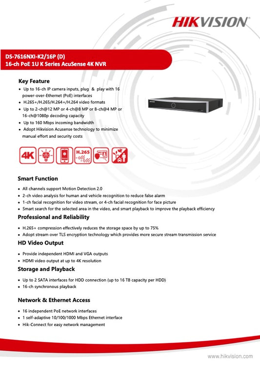 Hikvision NVR DS-7616 16P PoE Poorten