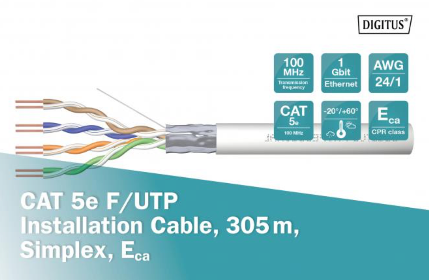 Installatie Kabel Digitus Cat5e F UTP 4x2 twisted pair, Grijs