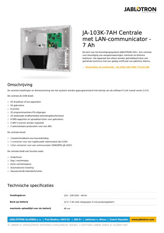 Jablotron JA-103K-7AH Midway Alarm Centrale (LAN, met grotere behuizing)