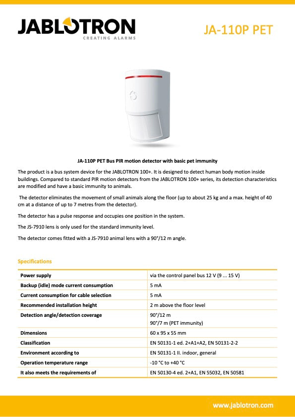 Jablotron JA-110P-PET PIR Bewegingsdetector met huisdieren lens (bedraad)