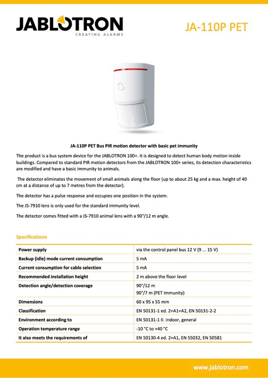 Jablotron JA-110P-PET PIR Bewegingsdetector met huisdieren lens (bedraad)