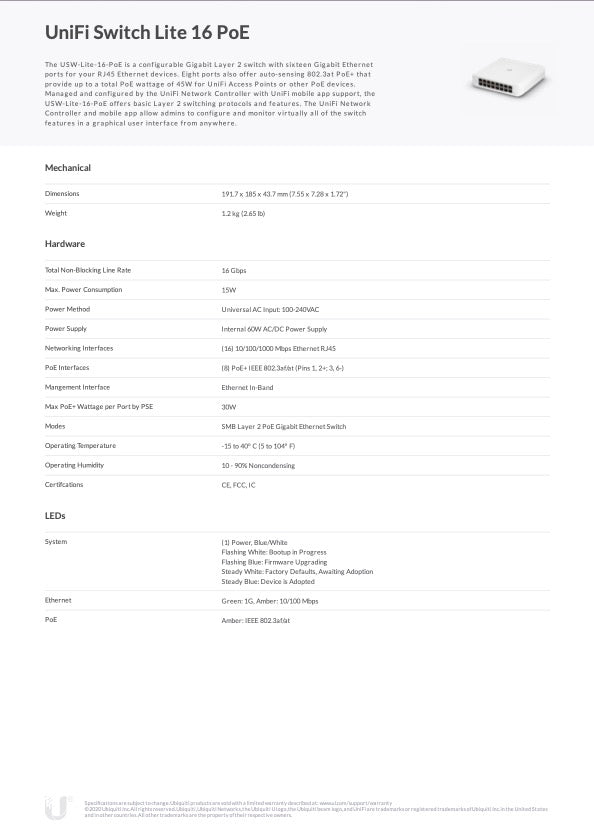UniFi Switch Lite 16 poorten 45W PoE