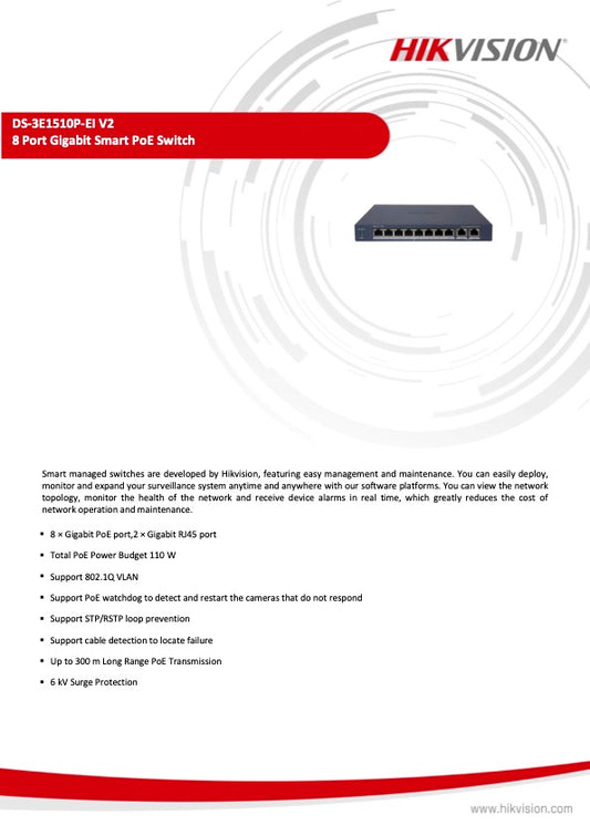 Hikvision DS-3E1510PEIV2 Smart Switch 8 Poorten LAN PoE Gigabit