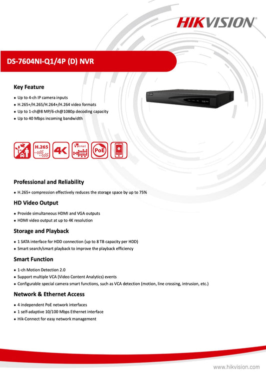 Hikvision DS-7604NIQ1 Netwerk Video Recorder 4 Poorten