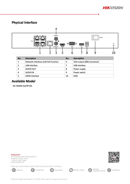 Hikvision DS-7604NIQ1 Netwerk Video Recorder 4 Poorten