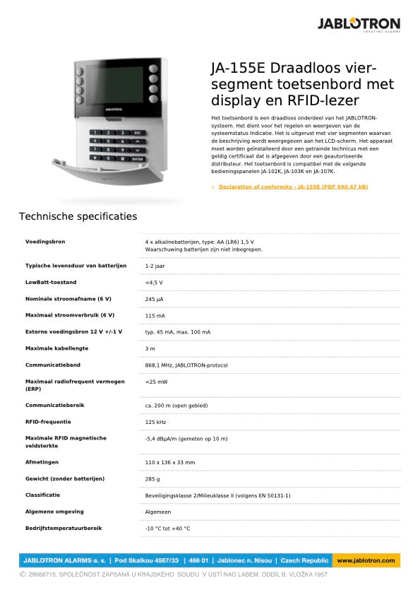 Jablotron JA-155E Draadloos Bediendeel met Toetsenbord, 4x segment, LCD en RFID lezer